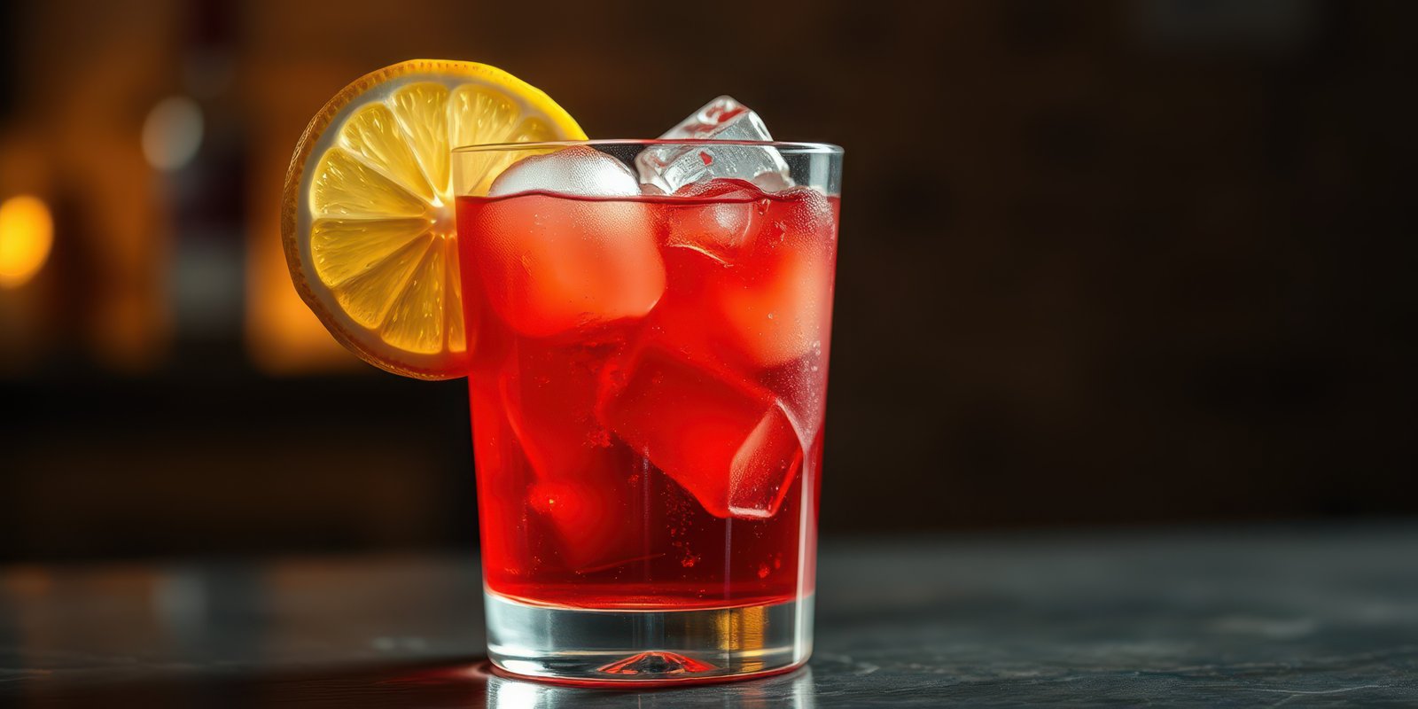 Refreshing cocktail garnished with lemon slice served on a bar countertop in a dimly lit setting